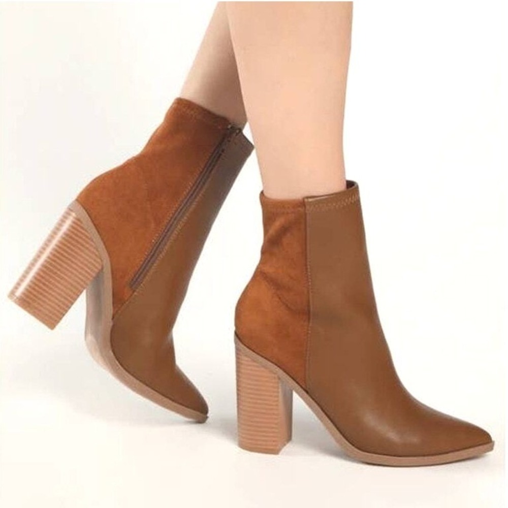Lulus Essex Ankle Boots Brown Size 11 Pointed Toe Block Heel Vegan Suede Boho